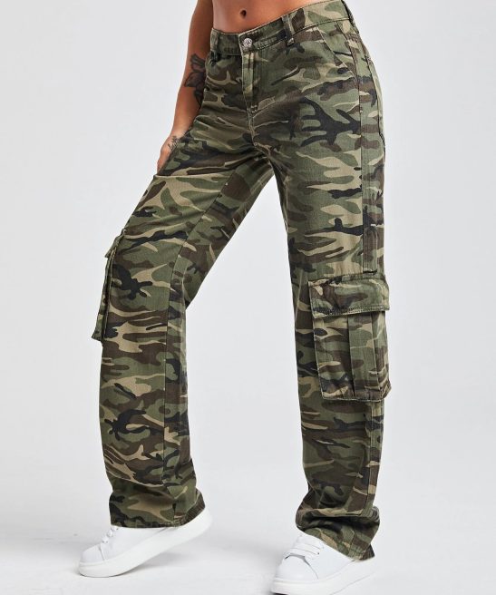 Camo Print Flap Pocket Side Cargo Jeans