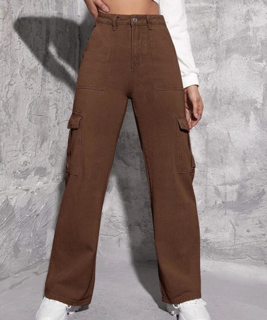 Denim High Waisted Flap Side Pocket Cargo Jeans