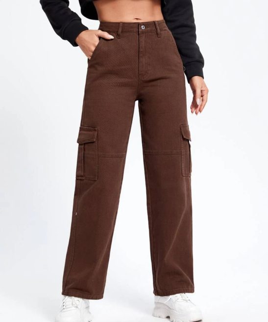 High Waist Flap Pockets Denim Cargo Jeans