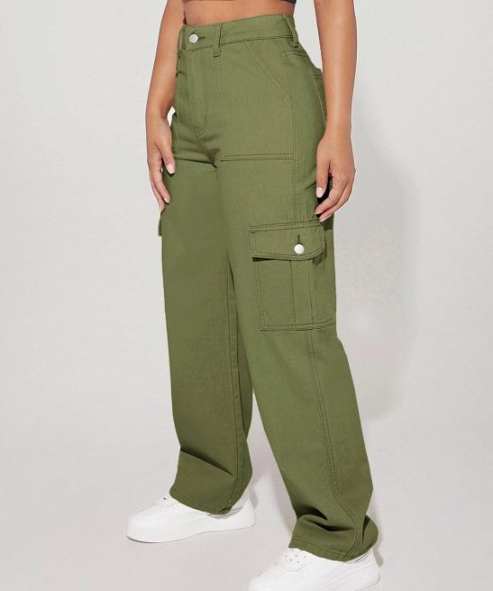 High Waist Flap Pocket Side Cargo Jeans