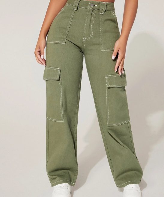 High Waist Cargo Jeans Straight Denim