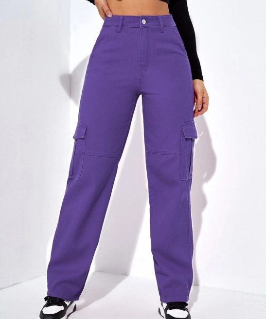 High Denim Waist Flap Pockets Cargo Jeans