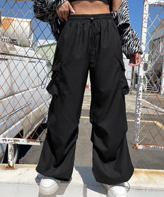 Flap Pocket Side Drawstring Waist Cargo Pants
