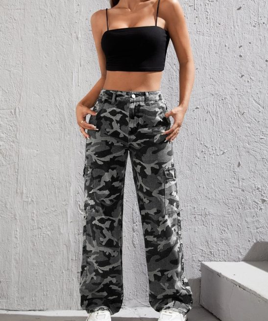 Camo Print Flap Pocket Side High Waist Cargo Jeans
