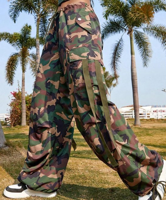 Camo Print Drawstring Cargo Parachute Pants