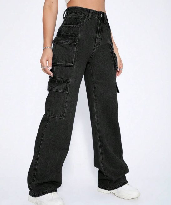 High Waist Flap Pocket Cargo Jeans