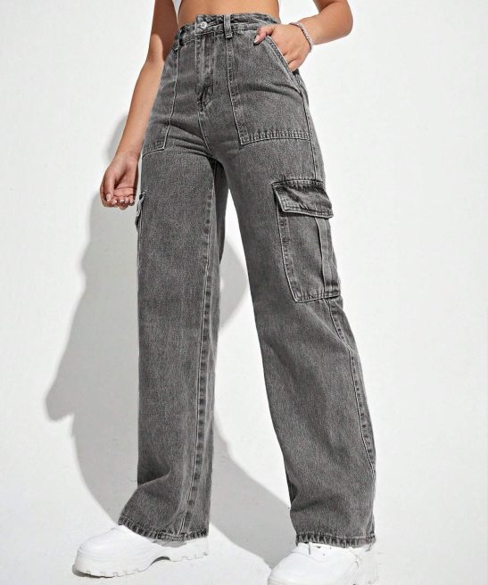Plain Flap Pocket Regular Fit Cargo Jeans