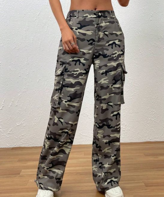 Flap Side Pocket Camo Print Cargo Pants