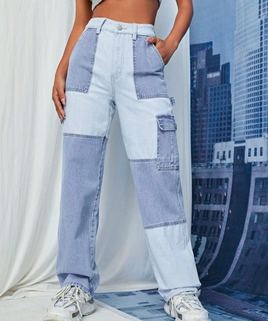 High Waist Two Tone Flap Pocket Cargo Jeans